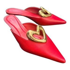 Anthropologie Maeve Red & Gold Heart Sculptural Leather Mule Kitten Heels 38 / 7